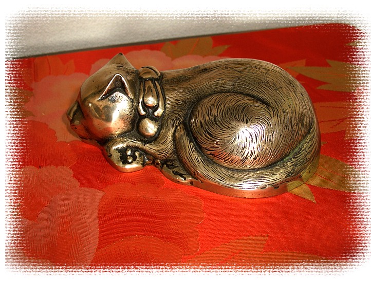 Sleeping Cat, Japanese antique silver figurine