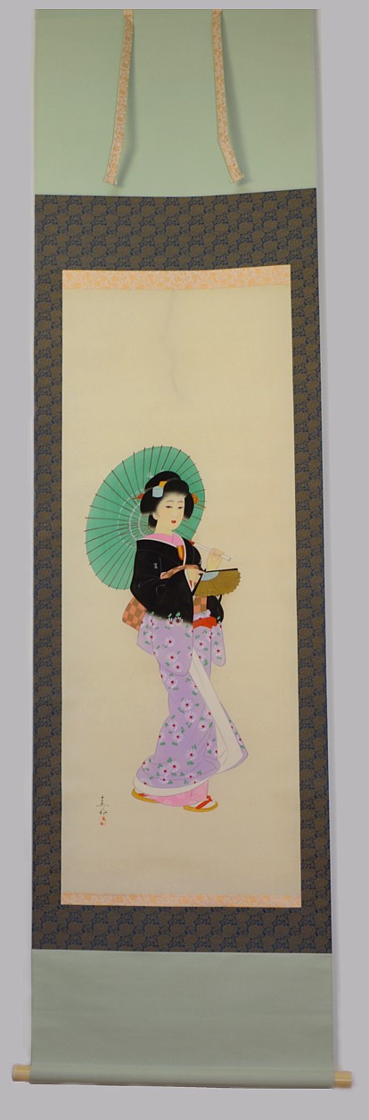 японский акварельный рисунок на свитке Девушка с зонтиком