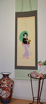 японская акварель на свитке Девушка с зонтиком