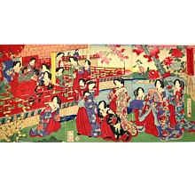 японская гравюра-триптих Император Мэйдзи с придворными дамами в осеннем саду