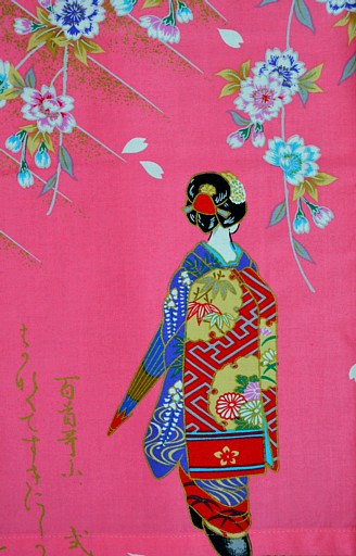 рисунок ткани женского кимоно Красный Зонтик, хлопок 100%