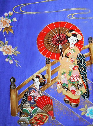 рисунок ткани женского халата-кимоно Красный Зонтик, Япония, хлопок 100%