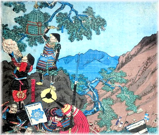 японская гравюра-укиё-э с изображением начала сражения